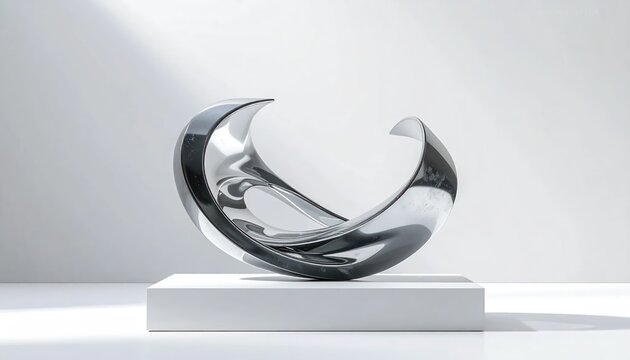 Abstract chrome crescent sculpture on white pedestal