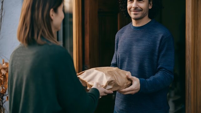 A person hands a wrapped package to another individual at a wooden door during daytime lighting