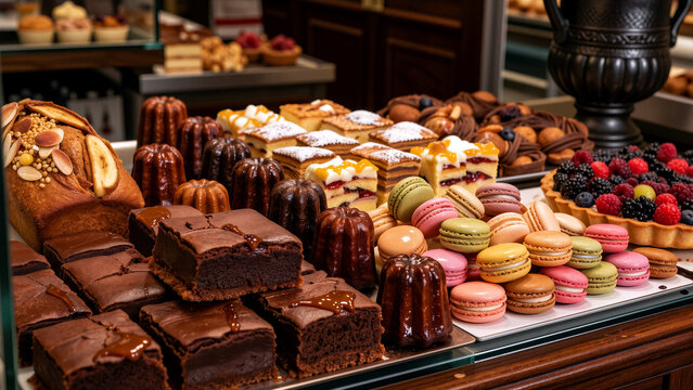 Assortment of delicious pastries and desserts on display