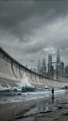 Fototapeta premium Massive stormy skies over urban waterfront with seawall and solitary person