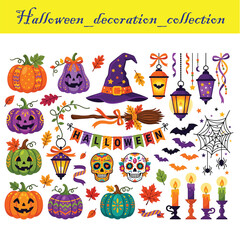Naklejka premium Colorful halloween decoration collection with pumpkins witch hat and spiderweb vector illustration