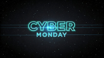 Naklejka premium Glowing Cyan Neon Cyber Monday Text on Dark Space Background with Tech Circuit Line