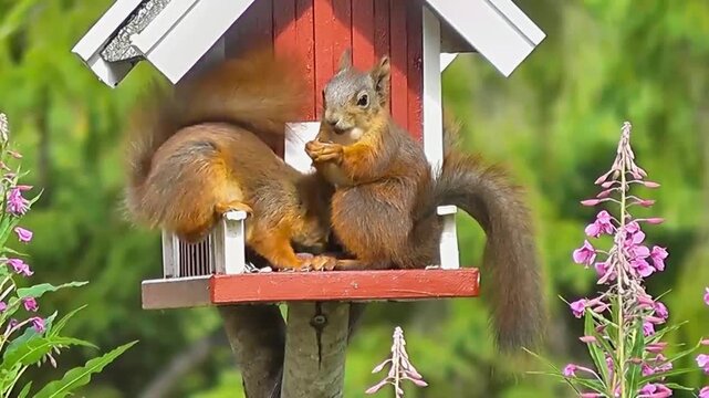 Close-up of adorable red squirrels interacting and feeding in a summer garden.

