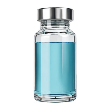 Clear glass vial with blue liquid isolated on transparent background