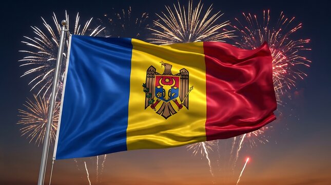 National flag of Moldova waving on flagpole with bright fireworks celebration in night sky background