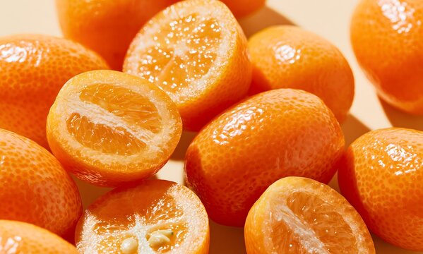 macro fruit portrait of ripe kumquat citrus, oversized tiny orange citrus filling most of the frame