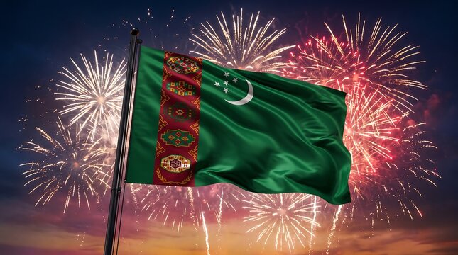 National flag of Turkmenistan waving against night sky fireworks display during national holiday celebration