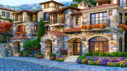 Fototapeta premium Authentic Mountain Village Architecture with Stone Facade and Gardens