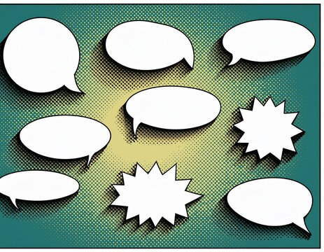 Retro empty comic speech bubbles set with black halftone shadows.