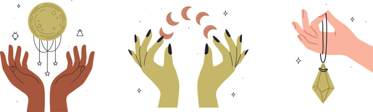 Mystical witchcraft and celestial magic vector concept set featuring hands holding full moon crescent phases and crystal pendulum pendulum