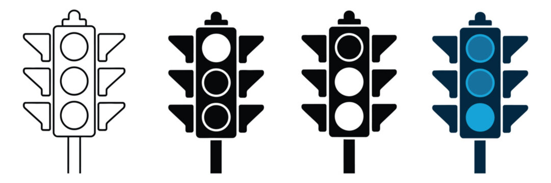 Traffic light icon set in multiple styles, flat vector semaphore symbols for road safety and transportation, black and blue signal light illustrations