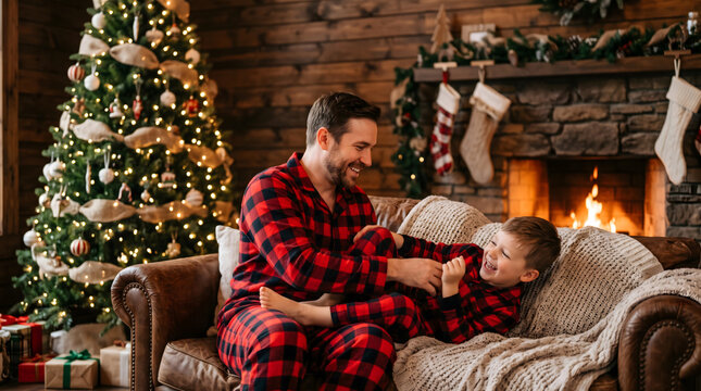 Holiday, Lifestyle, Candid authentic happy dad and son in red plaid pajamas fooling around at wood lodge Xmas decorated