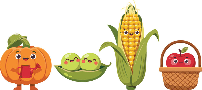 Cute autumn harvest mascot vector set featuring cartoon pumpkin watering can peas in pod corn cob and apple in basket