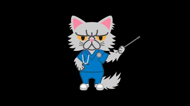 Cute Cartoon Cat Doctor Explaining with Pointer Loop Animation, Alpha Channel file