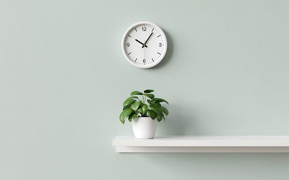 A minimalist shelf displays a small potted green plant beside a round wall clock on a light pastel green wall