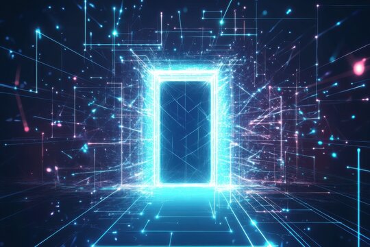 Glowing neon door surrounded by holographic lines in a digital landscape