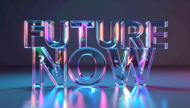 Future Now text effect with vibrant neon lighting and glass typography showcasing a futuristic concept