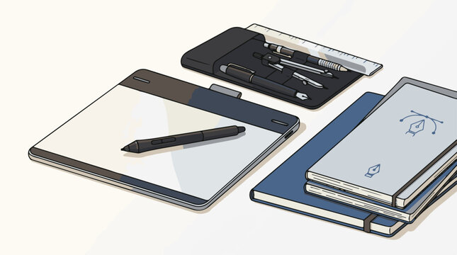 Digital drawing tablet pens ruler and sketchbooks on a plain background