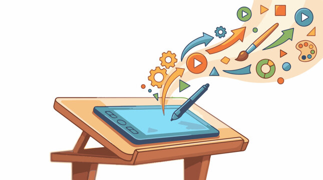 Digital drawing tablet with creative elements radiating upwards
