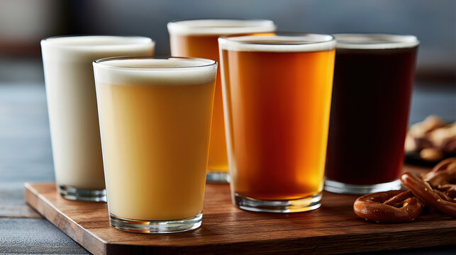 Craft beer tasting set with five different colored beers in clear glasses on wooden board, inviting and appetizing