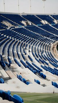 Modern sports stadium with blue seats, empty stands, and open sky above