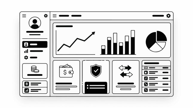 Digital dashboard with financial charts wallet shield and data tables