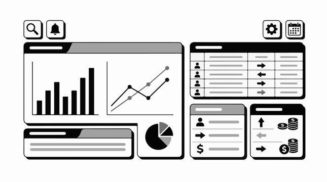 Digital dashboard with graphs charts tables and icons