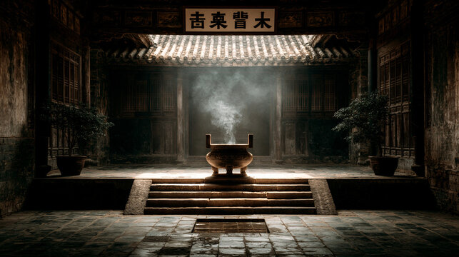 Inside an ancient temple, a thin wisp of smoke rises from an incense burner.