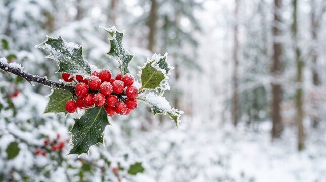 Snow covered holly branch with vibrant red berries against a blurred winter forest background