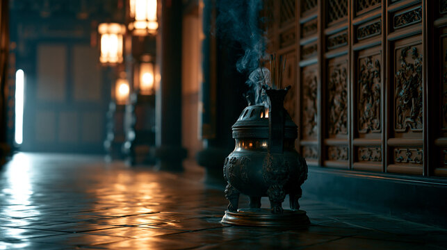 Inside an ancient temple, a thin wisp of smoke rises from an incense burner.
