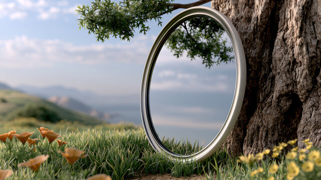 Round mirror seamless edge high fidelity nature tree grass landscape outdoor reflection peaceful