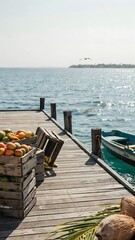 Fototapeta premium Tranquil dockside scene with boat, fruits, and ocean view near distant islands