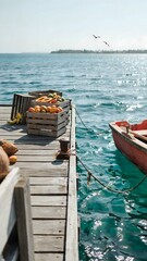 Fototapeta premium Serene waterfront scene with wooden dock, colorful boat, and distant shoreline under clear sky