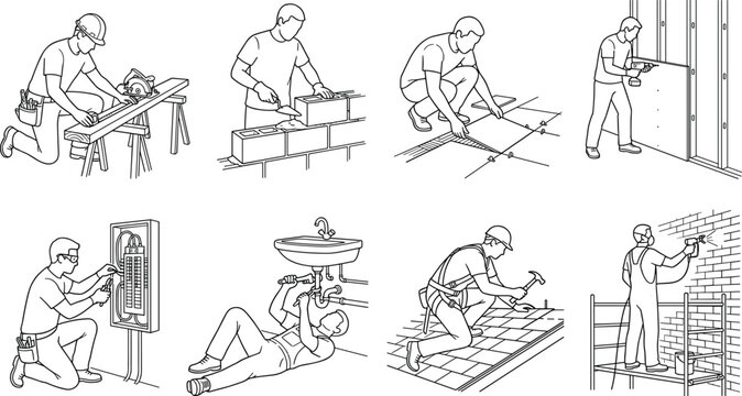 Construction Worker Line Art Vector Set with Skilled Trades and Home Renovation Tasks