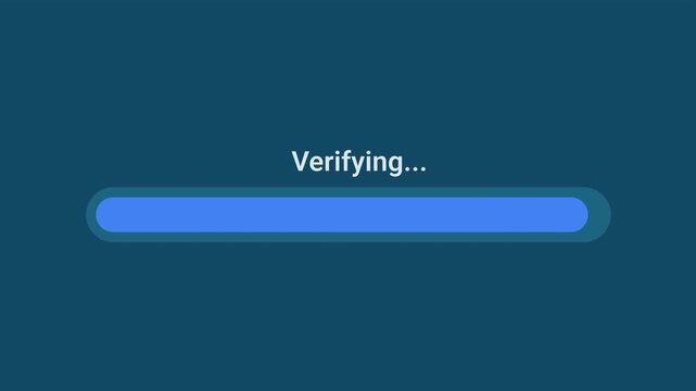 Animated motion graphics showing a blue progress bar verifying over a transparent alpha channel background. Represents security validation, system authentication, or a data integrity check.