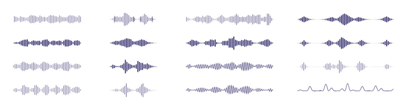 Soundwave Spectrum: A collection of abstract soundwave patterns, displayed in varying shades of purple and grey, visualizing audio frequencies in a dynamic and technical arrangement.