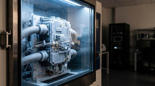 Environmental test chamber conducting temperature testing on electronic component inside laboratory, quality control and industrial engineering concept