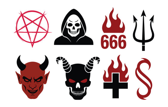 Occult Symbols Collection: A compilation of various occult and demonic symbols, including a pentagram, grim reaper, the number 666, a trident, a devil face, a skull, an inverted cross.