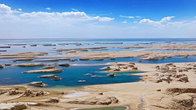 Aerial view of water yardang landforms in a turquoise lake in Qinghai, China