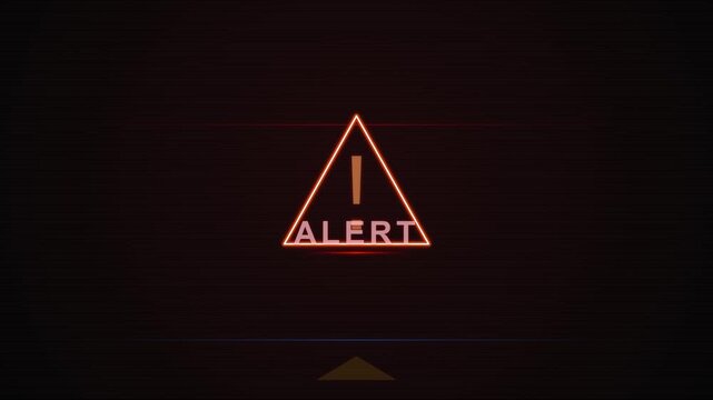 Warning Sign Alert Signal. Glowing orange alert warning sign on dark glitchy background