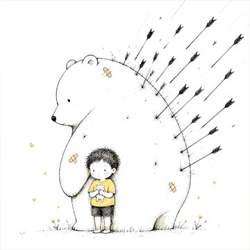 Emotional hand-drawn illustration of a wounded white bear shielding a sad child from flying arrows, symbolizing protection, sacrifice, courage, and unconditional love.