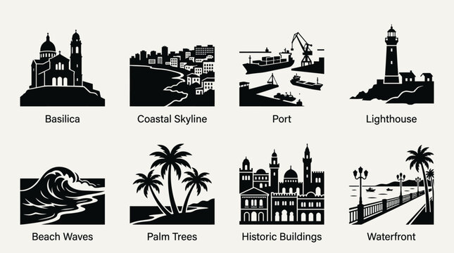 Annaba city landmarks vector illustration set with cathedral domes, coastal skyline, marina, lighthouse, ocean waves, palm beach, city gate, promenade architecture Algeria vector artwork