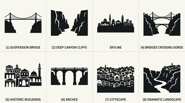 Constantine landmarks vector illustration set with suspension bridge, deep canyon cliffs, skyline, bridges crossing gorge, historic buildings, Roman arches, cityscape on cliffs, dramatic landscape Alg