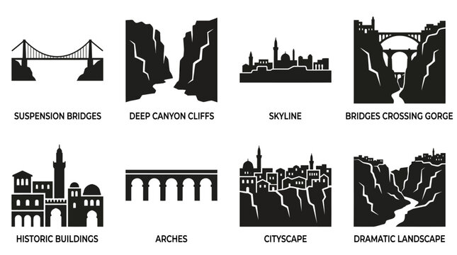 Constantine landmarks vector illustration set with suspension bridge, deep canyon cliffs, skyline, bridges crossing gorge, historic buildings, Roman arches, cityscape on cliffs, dramatic landscape Alg