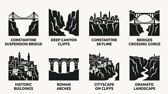 Constantine landmarks vector illustration set with suspension bridge, deep canyon cliffs, skyline, bridges crossing gorge, historic buildings, Roman arches, cityscape on cliffs, dramatic landscape Alg