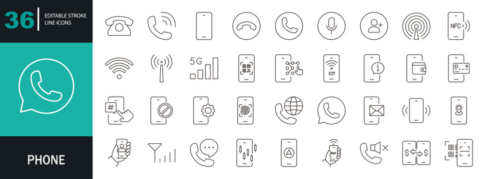 Phone icon set. Containing mobile, calling, contact, message, communication, call, mobile pay, cellular, vibration, and more. Editable line icons. Vector illustration.