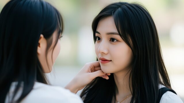 Gentle Touch: A young woman with long, dark hair looks with tender affection at another woman who gently touches her face, their bond palpable in the soft outdoor light.