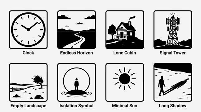 Solitude minimal landscape vector illustration set with clock, endless horizon, lone cabin, signal tower, empty landscape, isolation symbol, minimal sun, long shadow vector artwork