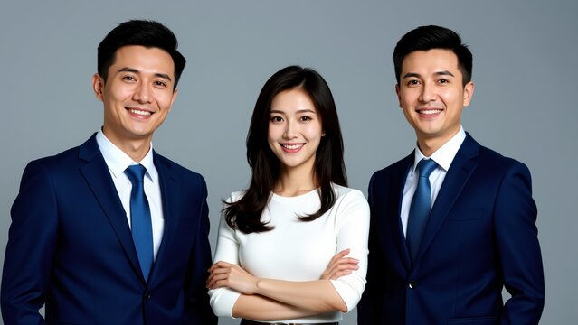 Asian Business Professionals: Three confident and smiling Asian business professionals, two men and one woman, dressed in sharp suits and business attire, pose together against a neutral background.