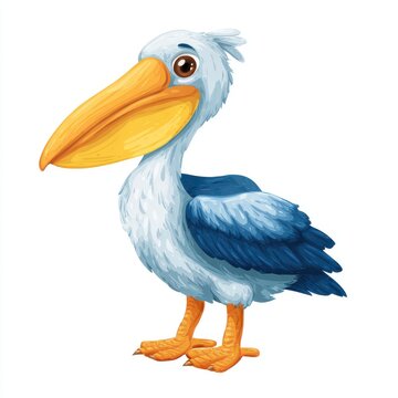 Cute Cartoon Pelican With Yellow Beak And Blue Wings Isolated On Plain White Background